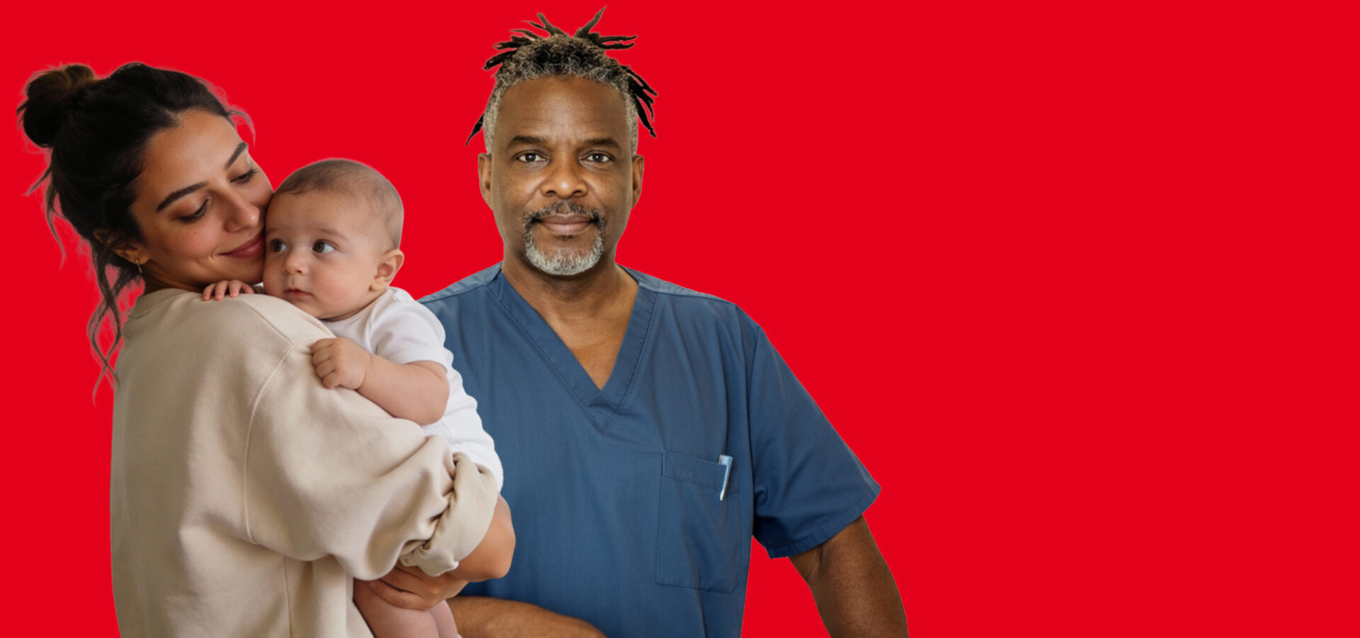 Kampagne "Weniger ist NICHT mehr" -abgebildete Personen: Mutter mit Baby auf dem Arm, Pfleger