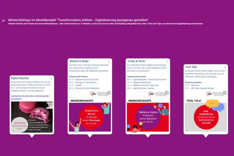 Im Rahmen eines Modellprojekts zur Digitalisierung bereicherten Miniworkshops den Alltag der Mitarbeitenden der AWO am Niederrhein und halfen nicht nur beim Entspannen während der PC-Arbeit, sondern vermittelten auch Tricks zu unterschiedlichen Tools.
