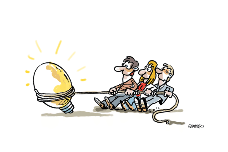 Illustration von drei Personen, die an einem Seil eine sehr große Glühbirne ziehen.