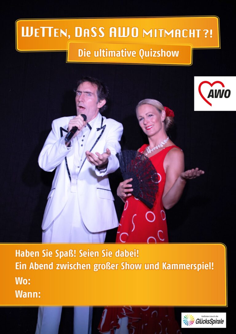 Plakat mit AWO-Logo, der Aufschrift "Wetten, dass AWO Mitmacht?!" und einem Foto, das Herrn Konrad und Frau Holunder vom Theater Löwenherz zeigt