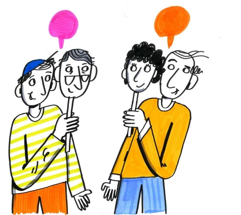 Einfache Illustration von zwei Personen, die jeweils eine Maske vor ihr Gesicht halten.