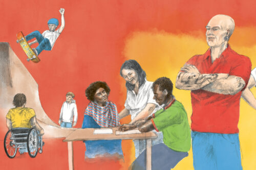 Illustration AWO-Podcast: diverse Personen auf orange-rotem Hintergrund