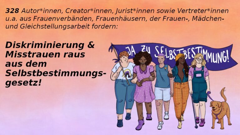 Banner der feministischen Kampagne „Diskriminierung & Misstrauen raus aus dem Selbstbestimmungsgesetz!“